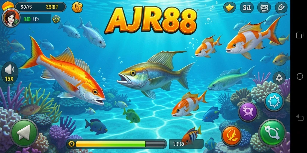 Tampilan gameplay seru AJR88 saat menembak ikan di lautan.