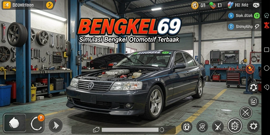 Screenshot gameplay BENGKEL69 dengan suasana bengkel yang realistis.