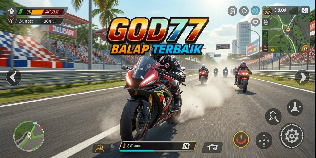 Screenshot utama GOD77 menampilkan aksi balap motor yang mendebarkan.