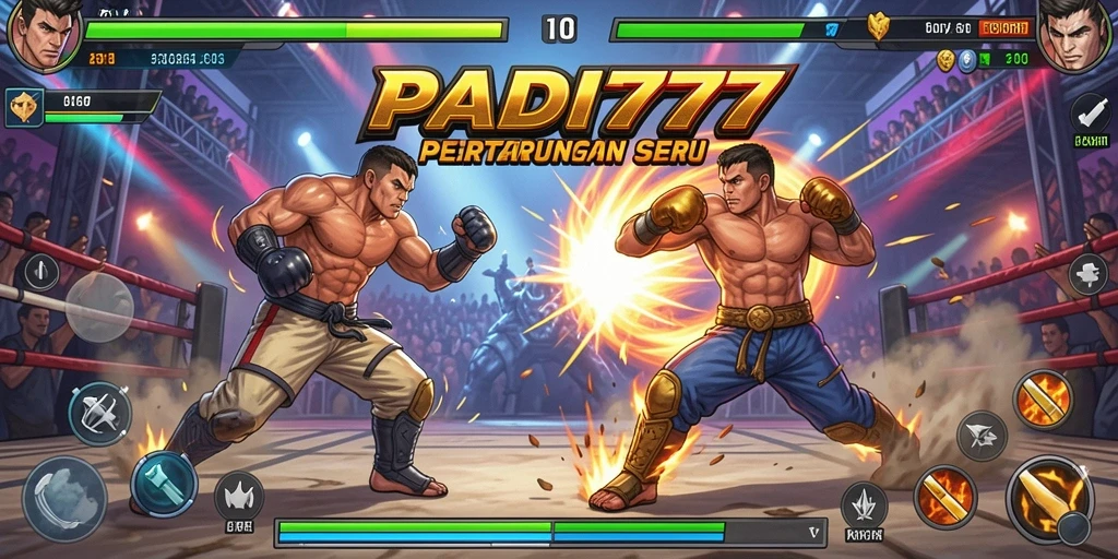 Screenshot PADI777 menampilkan pertarungan intens dengan karakter unik.