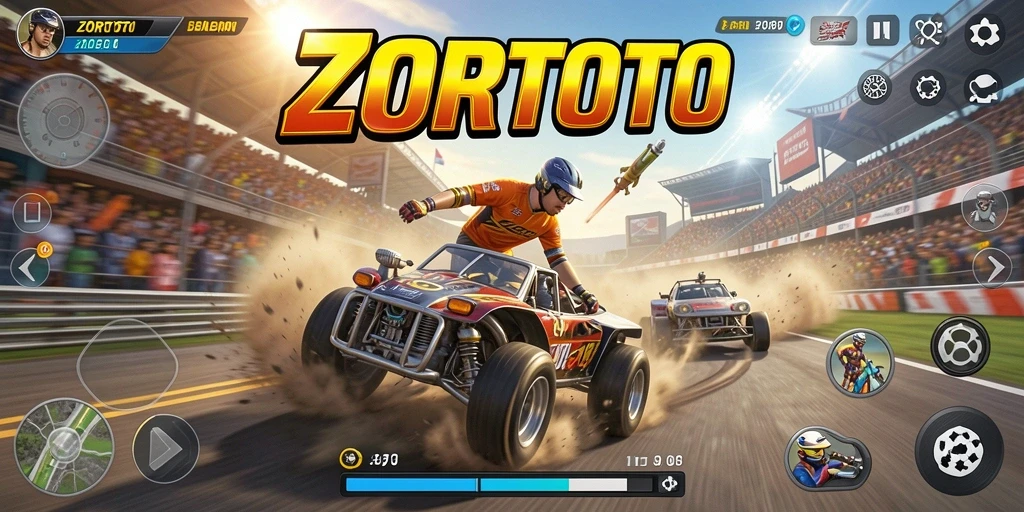Tampilan gameplay ZORTOTO yang mendebarkan saat balapan di lintasan.